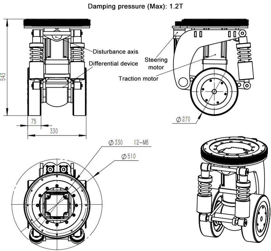 suspension intelligente de roue amortissante de moteur de C.C 3T orientant 1500KG