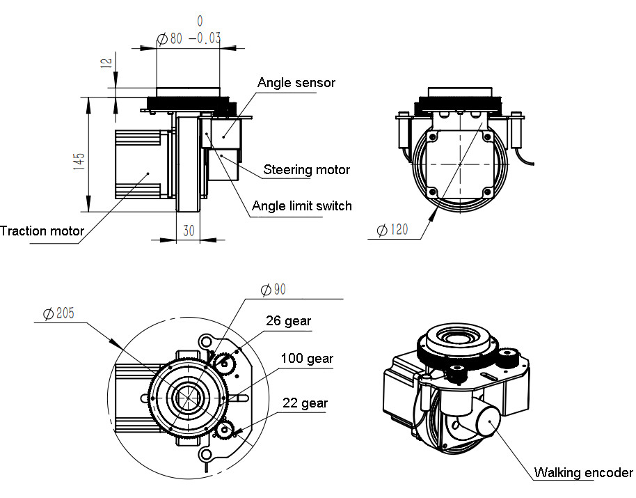 ZL-145 roues d'omni de pièces d'équipement d'AGV Mini Steering Wheel Material Handling petites