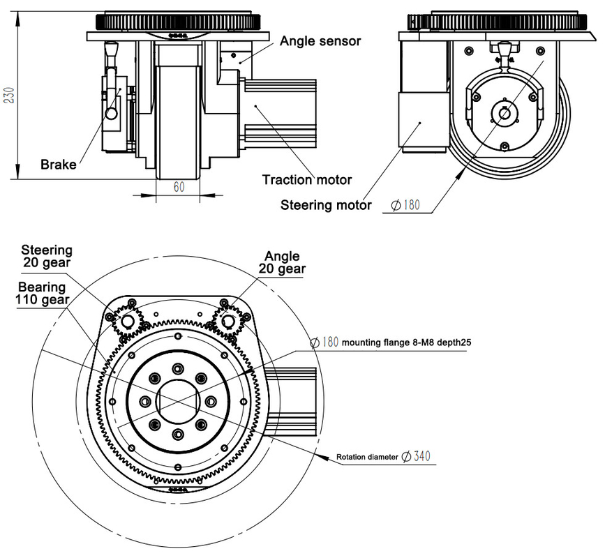 la roue de direction d'entraînement d'AGV de 230mm avec le frein de moteur d'entraînement codent le moteur de direction assistée